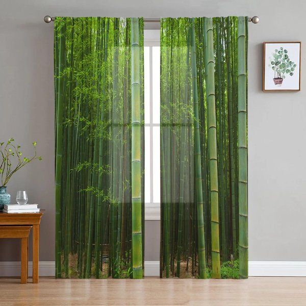 Bambusowe LeśNe Zielone Przezroczyste ZasłOny Salon Tiulowe ZasłOny Okienne Do Sypialni Dekoracja Kuchenna Woalowe ZasłOny W135 X H137Cm X1&Rod Pocket-image
