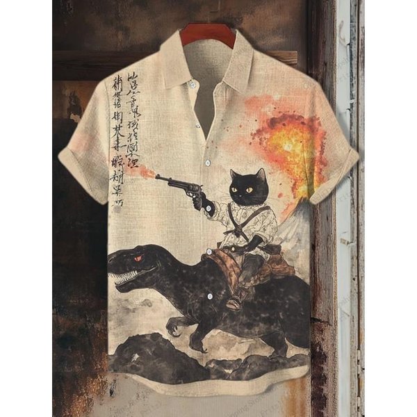 Camisa Hawaiana De Verano Para Hombre, Estilo Vintage, CaligrafíA, Gato, Dinosaurio, Estampado 3D, Manga Corta, Camisas Casuales Para La Playa M Beige-image