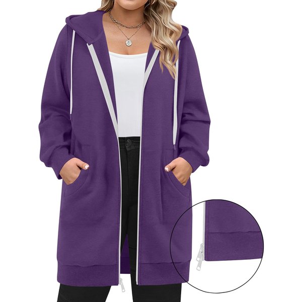 Damskie Bluzy Z Kapturem Zapinane Na Zamek, Z DłUgim RęKawem, DłUgie Tuniki, Bluzy Dresowe, Oversize, Polarowe, Casualowe, Jesienne Kurtki, PłAszcze Z Kieszenią M Ciemny Kolor Fioletowy-image