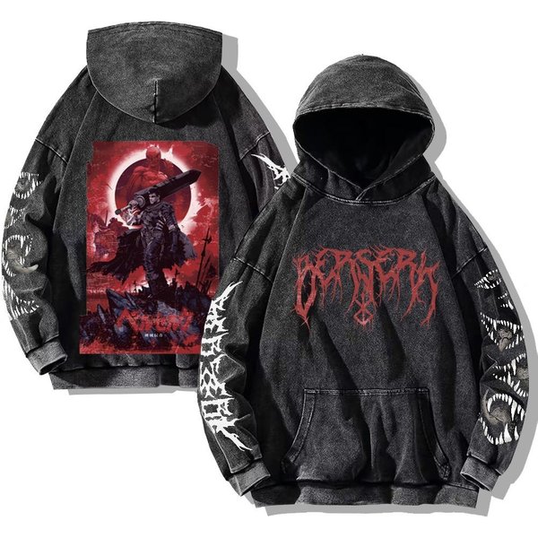 Sudaderas Anime Berserk Sudadera Lavada Vintage Sudaderas Estampadas Guts Ropa De Calle Hip Hop Harajuku AlgodóN Casual Jersey Con Capucha L Blanco/Negro-image
