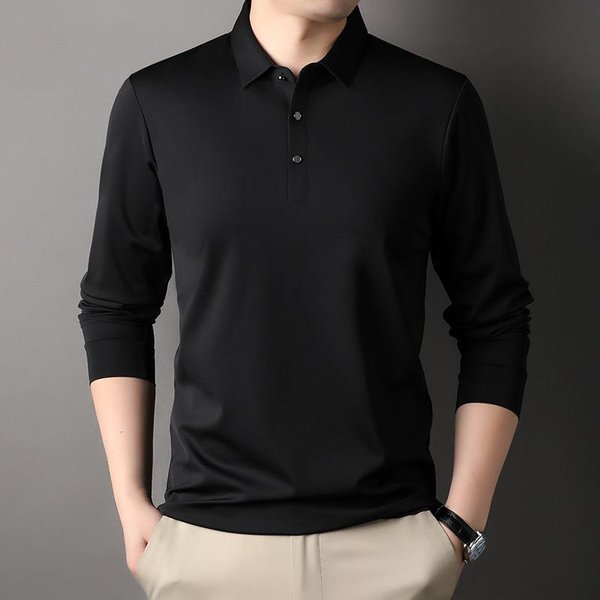 Camiseta De Manga Larga Para Hombre Edad Media Solapa Primavera Y OtoñO Casual Hombre Color SóLido Suelta Camiseta Base 4XL-image