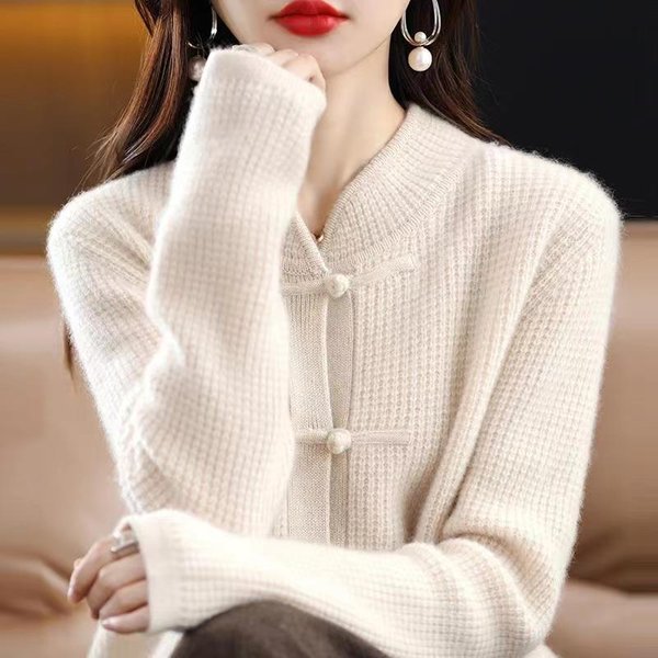 100% Kaszmirowy Kardigan Damski Jesienno-Zimowy Nowy ChińSki Styl Retro Guziki Sweter Do PołOwy WysokośCi LuźNy, Jednokolorowy, WełNiany, Dzianinowy Top XL Beige-image