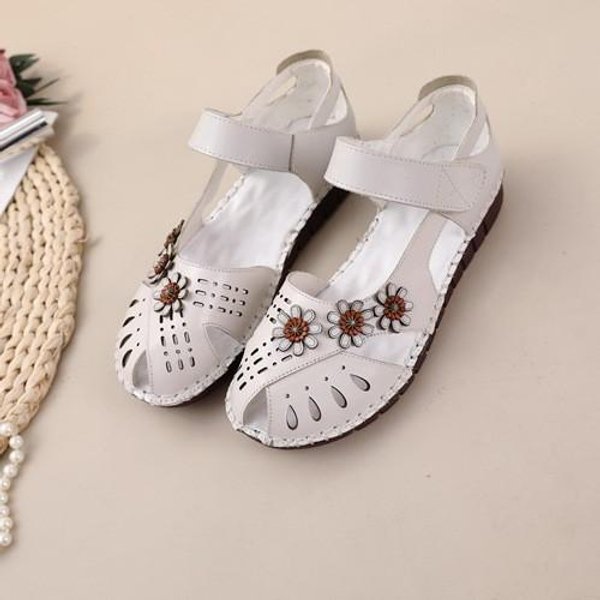 Sandalias Femeninas Cuero Zapatos De Madre Suela De TendóN De Res Estilo Primavera Y Verano Boca De Pez Flor Hueco Velcro Antideslizante Suela Blanda CóModas 39 Gray-image