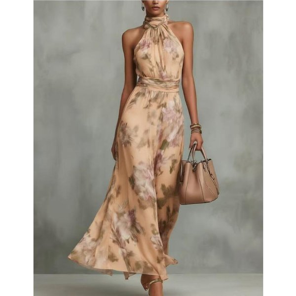 Vestidos Casuales De Moda Para Mujer Yyfs Verano Primavera Estampado De Flores Sin Mangas Cuello Colgante Cintura Alta L-image