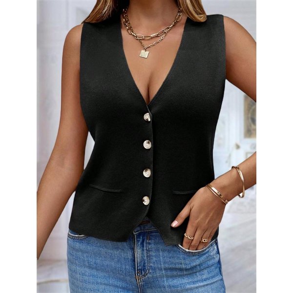 Chaleco De Punto Sin Mangas Para Mujer, Cuello En V, Botones, Cintura Suelta, CáRdigan XL Negro-image