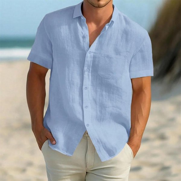 Camisa Ligera De Lino Para Verano De Manga Corta Para Hombre - Transpirable, Botones, Bolsillo En El Pecho, Tops Casuales Para Vacaciones En Colores Lisos L Azul Cielo-image
