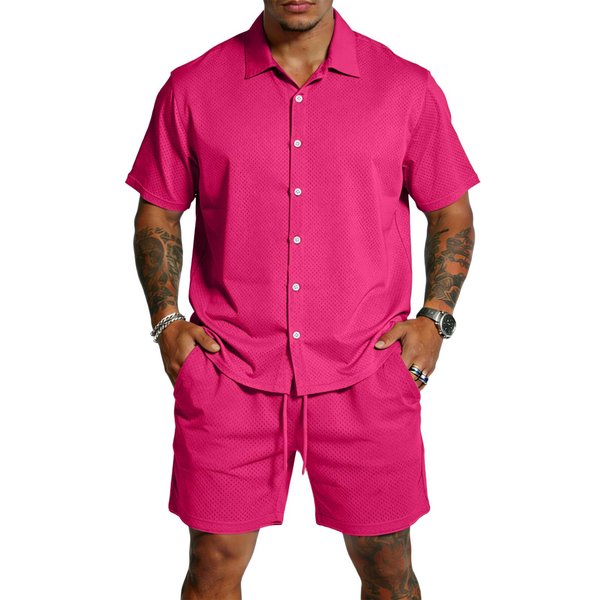 MęSki Zestaw Koszula Z KróTkim RęKawem Na Guziki I Spodenki Casualowy DwuczęśCiowy StróJ Lekki Materiał Letni PasująCy Komplet L Pink-image
