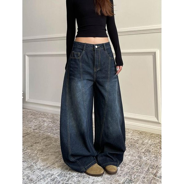 Niebieskie Damskie Retro Y2K Szerokie LuźNe Codzienne DżInsowe Spodnie Wysoki Stan LuźNe DżInsy Jesień Harajuku DłUgie Spodnie 2XL Niebieski-image