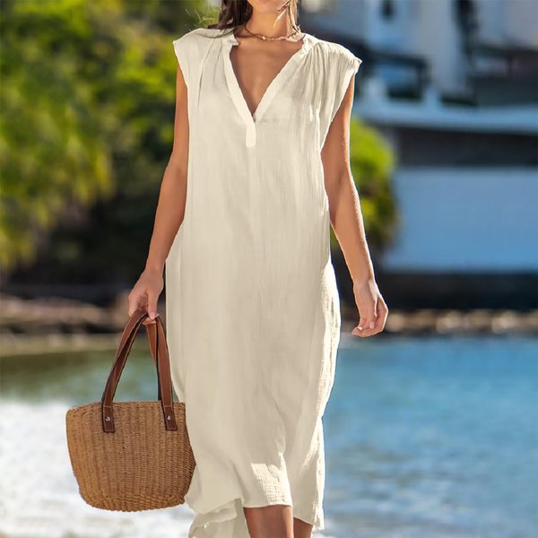 Vestido De Mujer AlgodóN Lino Sin Mangas Color SóLido Holgado Cuello En V Vestido Casual Verano 2XL Beige-image