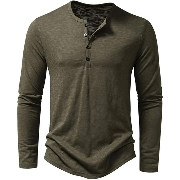 Camiseta Con Botones De AlgodóN Para Hombre Camisa Con Cuello Henley Camisetas Casuales De Manga Larga De Color SóLido S Verde Del EjéRcito-image
