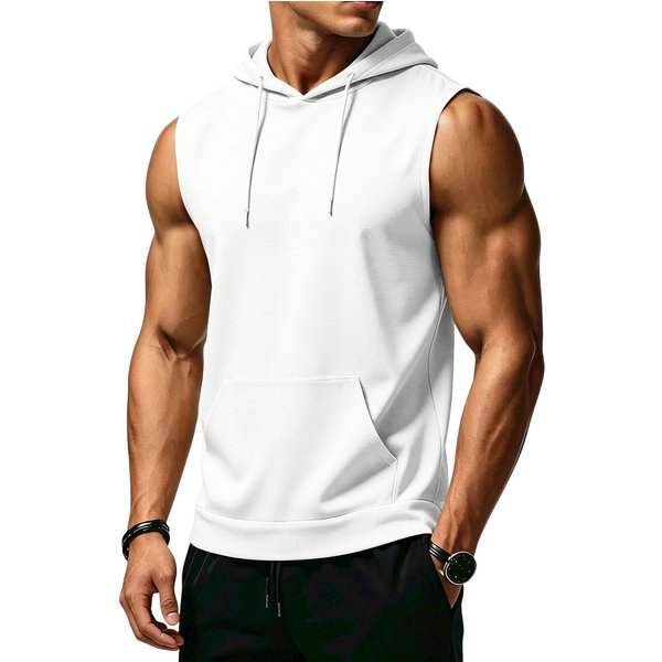 Camiseta Sin Mangas Con Capucha Y Bolsillo Con CordóN Para Hombre, Ajuste AtléTico, Chaleco Casual Para Entrenamiento, Running, Gimnasio XL Blanco-image
