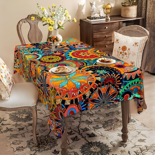 1 Szt. ŻYwy Bohemian Mandala Kashmir Paisley Kropki Print Obrus, ProstokąTny Maszynowo Tkany Pokrowiec Na Stół Na ŚWięTa Imprezę 100X145Cm Orange-image