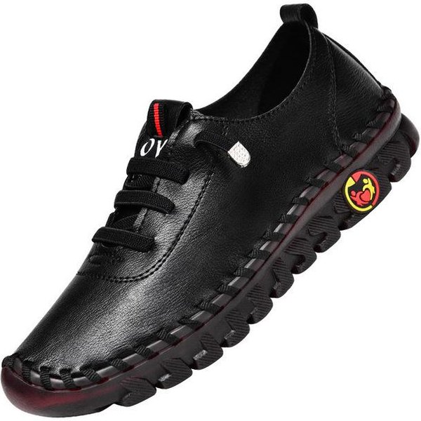 Nowe Wiosenne Damskie PłAskie Buty Na Platformie Casualowe Solidne Mokasyny Sznurowane SkóRzane Wsuwane PłAskie Buty Modne OddychająCe Damskie Buty 35 Black-image