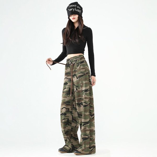 Pantalones De Pierna Ancha De Camuflaje Para Mujer En Primavera Y OtoñO, Nuevos De Alta Calle, Holgados, De Cintura Alta, VersióN Estrecha, De Pierna Ancha, Casual, Ajustados, Hasta El Suelo XL Black-image