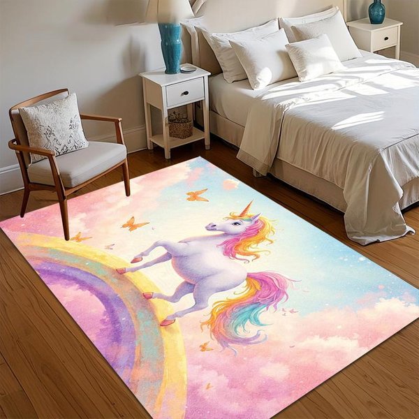 Magiczny Dywanik JednorożEc TęCzowy Pastelowy WzóR Akwarelowy AntypośLizgowy Zmywalny Dywanik PodłOgowy Do Pokoju DziecięCego Sypialni 80X120Cm-image