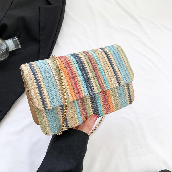 OtoñO Nuevo Bolso Tejido De Paja Para Mujer Casual Sencillo Y A La Moda Bolso De Hombro ArcoíRis Bolso Tejido Bolso De Playa Gray-image