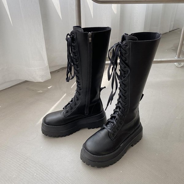 Comemore Botki Na Grubej Podeszwie Damskie Sznurowane Czarne BiałE MięKka SkóRa Wysokie Do Kolan Wiosna Jesień Nowe Rycerskie DłUgie Botas Feminina 36 Gray-image