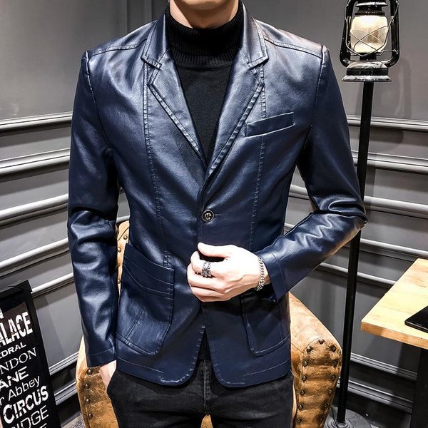 Jesienna Nowa MęSka SkóRzana Kurtka Garnitur Kurtka Casualowa Wersja KoreańSka Dopasowany SkóRzany Garnitur Kurtka SkóRzana Xxxl Gray-image