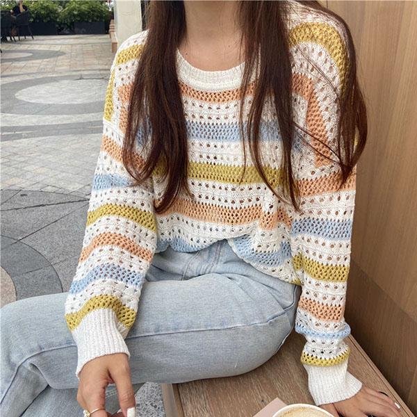 SuéTer De Primavera Y OtoñO A Rayas Con CombinacióN De Colores Para Mujer, Jersey Holgado De Punto Calado, Cuello Redondo, Manga Larga, Top SuéTer S-image