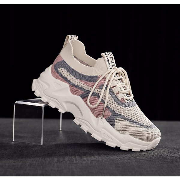 Zapatos Deportivos Nuevos Para Mujer Con Cordones Moda Transpirables Tejido Volador Zapatos De Mujer De Suela Gruesa Ligeros Zapatos De Papá Zapatos De Moda 40 Gray-image