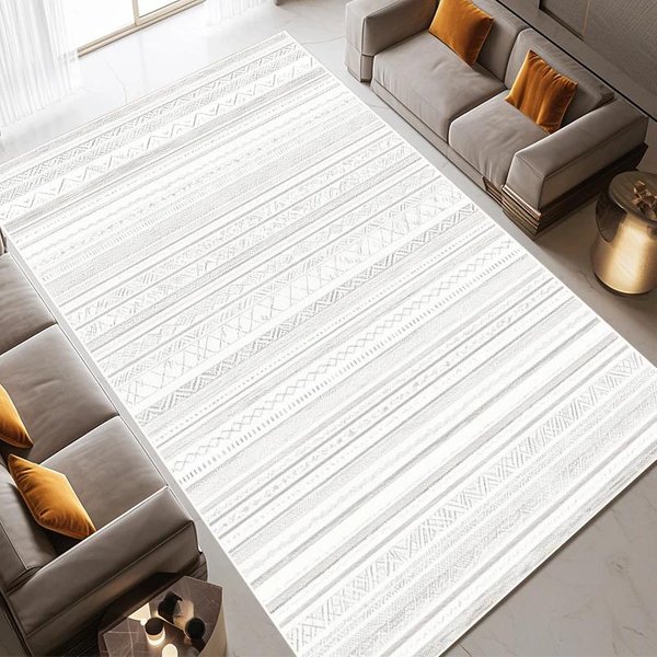 Alfombra Suave De Rayas Crema Minimalista Lujo Alfombras Para Sala De Estar De ÁRea Grande Alfombra Lavable A MáQuina FáCil De Limpiar Alfombrilla Para Dormitorio Al Lado De La Cama 140*200Cm-image