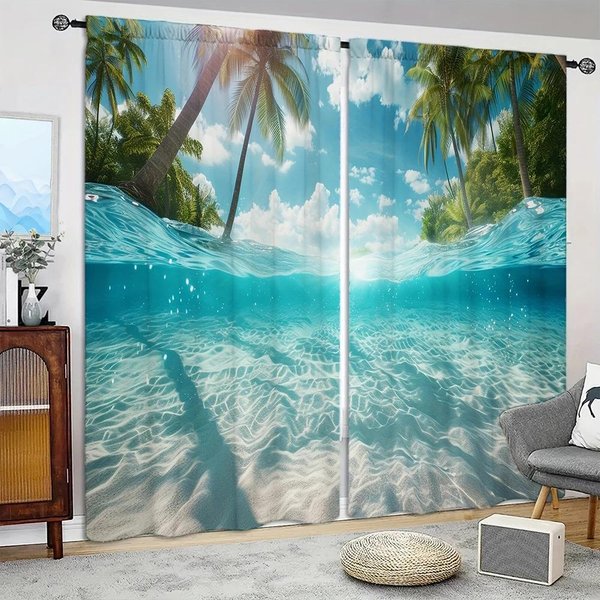 2 Piezas Cortina Estampada Con Paisaje OceáNico Para DecoracióN Del Hogar - Tratamiento De Ventana Con Bolsillo Para Barra Para Dormitorio, Oficina, Cocina, Sala De Estar Y Estudio 52.5Cmx116Cmx2Pcs Blue-image