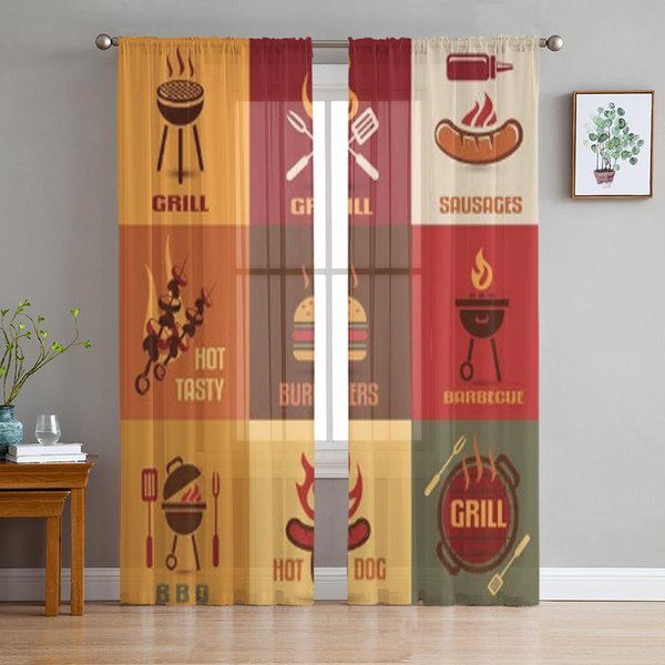 Iconos De Barbacoa Comida RáPida Barbacoa Emblemas Vintage Cortinas TraslúCidas De Tul Para DecoracióN De Sala De Estar Cocina Cortinas Voile Organza 135W X 114H(Cm) Brown-image