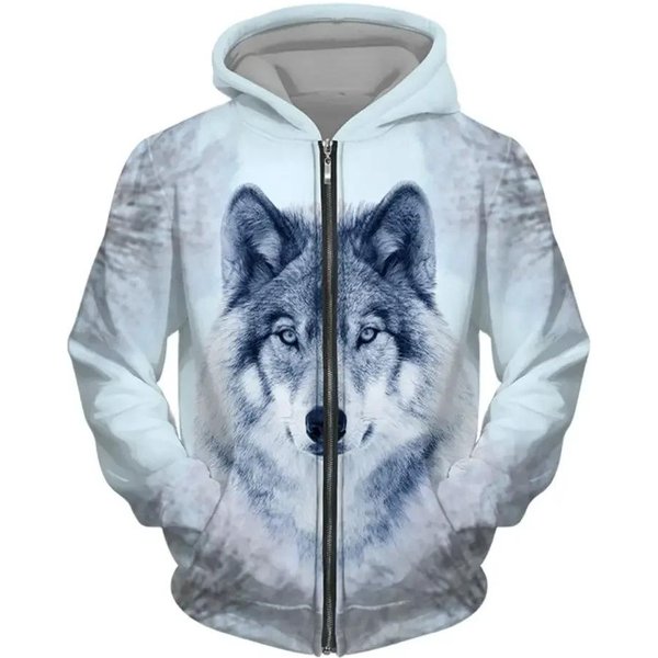 MęSka Bluza Z Kapturem Z Zamkiem BłYskawicznym Wilk 3D Drukowany Na Suwak MęSka Bluza Z Kapturem Modna Casualowa Bluza Uliczna Harajuku Odzież Wiosna I Jesień S White-image