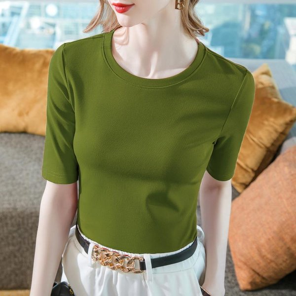 Nueva Camiseta De AlgodóN Para Mujer De Color SóLido Con Cuello Redondo Y Media Manga, Top Sencillo A La Cintura 3XL Brown-image