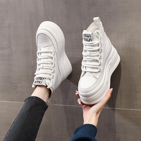 Botines De Tobillo De Cuero Genuino PU De 8CM Para Primavera OtoñO Mujer Plataforma Acolchada CuñA Zapatillas Deportivas De TacóN Alto Grueso Zapatos De Moda 38 Blanco-image