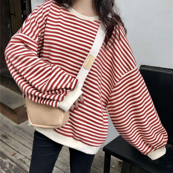 KoreańSka Paski Z DłUgim RęKawem OkrąGłY Dekolt T-Shirt Dla Kobiet Na Wiosnę I Jesień Cienki Nowy Styl Z Leniwym Stylem LuźNy Wszechstronny Top 2XL-image