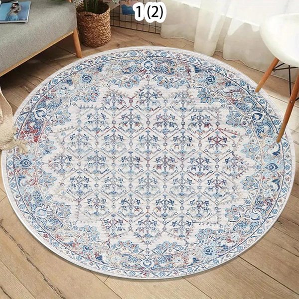 OkrąGłY Dywan Boho AntypośLizgowy Retro Niebiesko-BiałY MarokańSki WzóR Kratki AntypośLizgowy Zmywalny Dywan Do Salonu Sypialni Pokoju 120X120CM-image