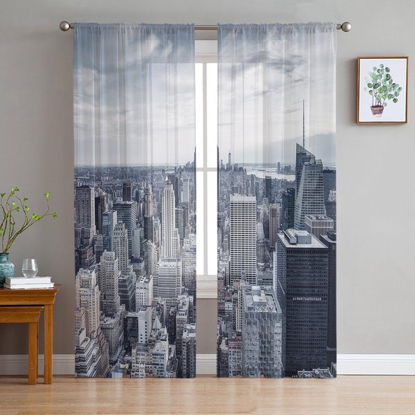 Cortinas Voile Transparentes Grises De Nueva York Tratamiento De Ventana Para Cocina Sala De Estar DecoracióN De Dormitorio Cortinas De Tul Modernas 1 PCS W100Xh250Cm&Grommet Top-image