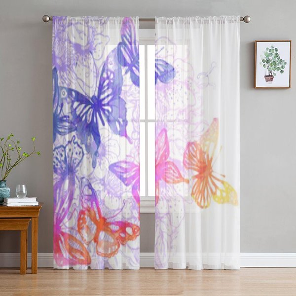 Mariposas Y Flores Acuarelas Pintadas Cortinas TraslúCidas De Tul Para DecoracióN De Sala De Estar Cocina Cortinas Voile Organza 135W X 114H(Cm) White-image