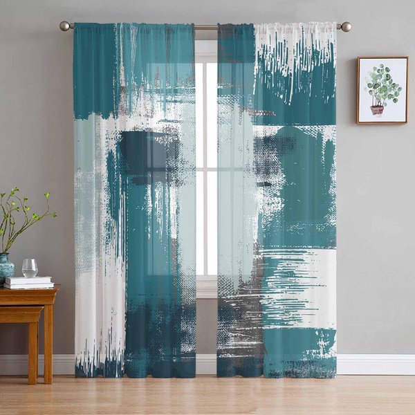 Cortinas Transparentes Con DiseñO GeoméTrico Abstracto De Pintura Al óLeo Para Sala De Estar, Cocina, Tul, Gasa Y Organza. W135 X H115Cm X1-image