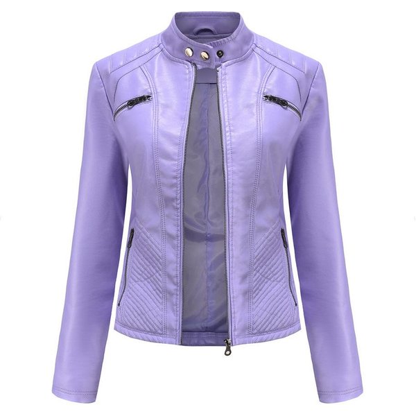 Chaqueta De Cuero Casual Para Mujer Chaqueta Con Cuello Alto Chaqueta Ajustada Chaqueta De Cuero De Color SóLido Para Primavera Y OtoñO XL Gray-image