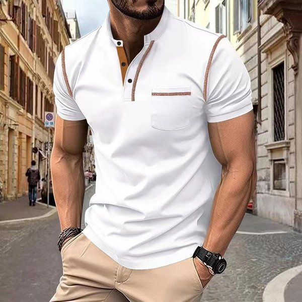 2024 Letnia MęSka Koszulka Polo MęSkie Koszule Casualowe Na śWięTa MęSkie Koszulki Polo Z KróTkim RęKawem Modne MęSkie Koszulki Polo Jednolity Kolor Patchwork Tshirt Xxxl White-image
