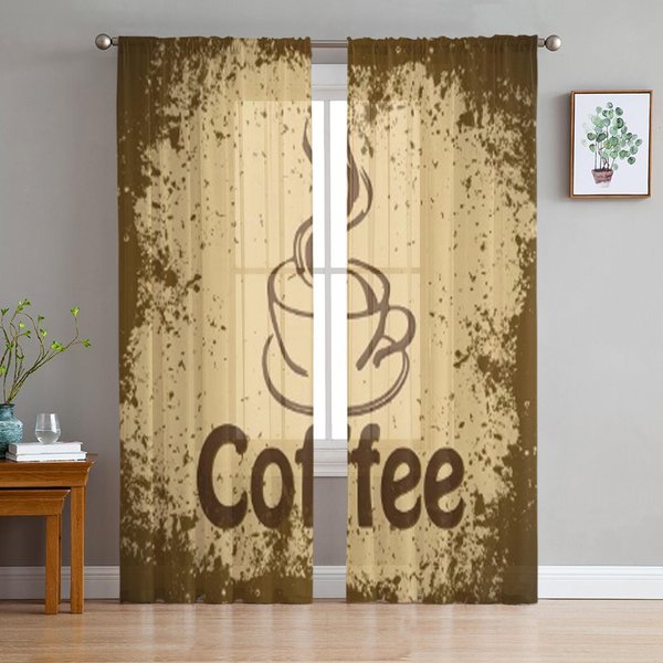 Cortinas Transparentes De Café Vintage Para Sala De Estar Tratamientos De Ventana De Tul Transparente Dormitorio Cocina DecoracióN Del Hogar Visillos 135W X 114H(Cm) Beige-image