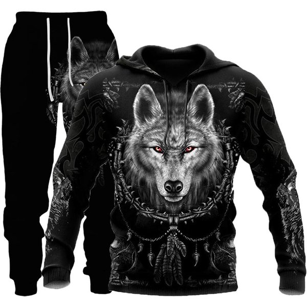 Wilk 3D Bluza Z Kapturem Z Nadrukiem Odzież Garnitur Spodnie Garnitur MęSki Wiosenny I Jesienny LuźNa Bluza Pulower Dres MęSki Zestaw Moda MęSka 6XL Gray-image