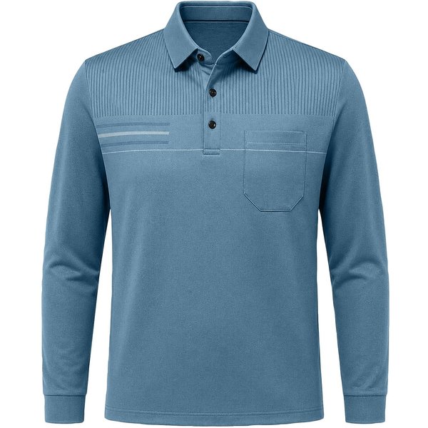 Camisa Polo Casual Para Hombre De Corte Holgado, Manga Larga, Cuello De Botones, DiseñO De Bolsillo, Panel Frontal Superior Texturizado, Tejido CóModo XL-image