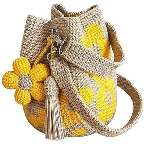 RęCznie Robiona SzydełKowa Torba Na Zakupy W Kwiaty Dzianinowa SzydełKowa Torebka W Kwiaty Torebka Crossbody SzydełKowa Dla Kobiet Boho PlażOwa SzydełKowa Torebka Torba Na Ramię Beige-image