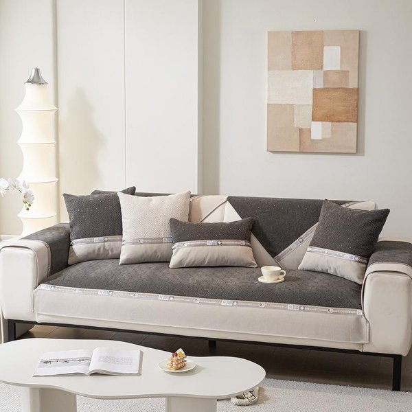 CojíN De Sofá De Chenilla Empalme Bicolor CojíN De Sofá Toalla Respaldo Cuatro Estaciones Universal CojíN De Sofá Funda De Sofá Antideslizante 90X90Cm 1Pcs-image