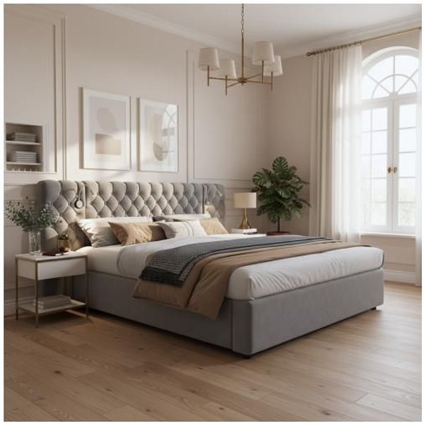 Cama Tapizada - Muvoe - 180 X 200 Cm - Terciopelo - Almacenamiento HidráUlico - LáMpara De Lectura Gris-image
