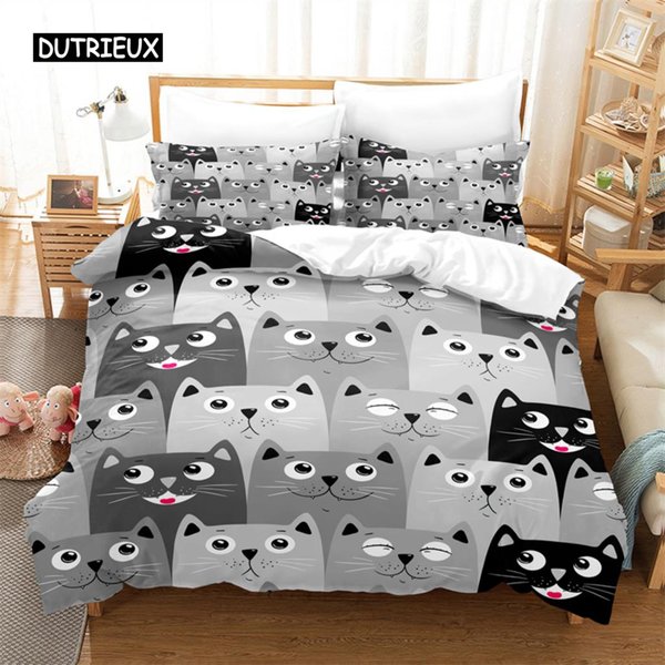 KreskóWkowy DziecięCy Zestaw PośCieli Z Kotem Zestaw Poszwy Na KołDrę PośCiel 3D Druk Cyfrowy PośCiel BawełNiana Rozmiar Queen Modny Design EU Single(135X200Cm)-image