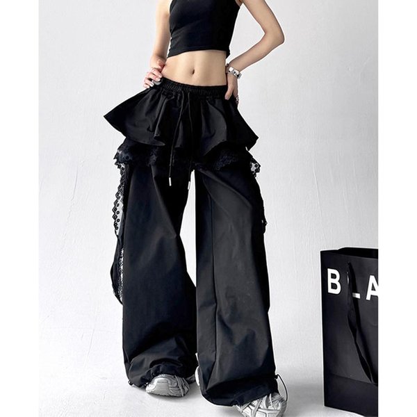 Spodnie Cargo Czarne Y2K Damskie Streetwear Koronkowe Patchwork BiałE Szerokie Nogawki Spodnie Letnie Gyaru Harajuku KoreańSkie LuźNe Spodnie Xl Czarny-image