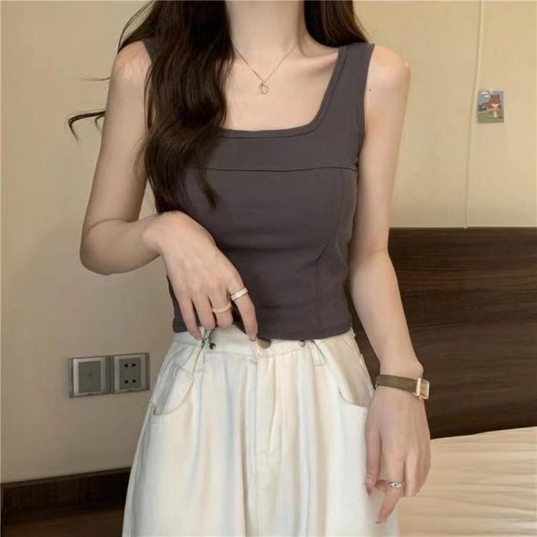 Chaleco Ajustado De Color SóLido Para Mujer Camiseta Sin Mangas De Verano Tops Sin Mangas Casuales Tops De Talla Grande XL Gris Oscuro-image