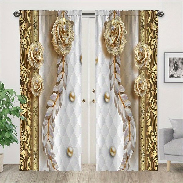 2 Szt. ZłOte Kwiaty KryształOwy WzóR ZasłOna Gabinet Kuchnia Salon Akademik ZasłOny Okienne Akcesoria Do Sypialni Dekoracja Domu 50W130H(Cm)X2Pcs&Hook-image