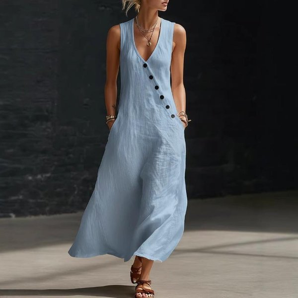 Vestido Maxi De Lino Mezclado Sin Mangas Con Cuello En V, Botones Y Bolsillos Para Mujer L Azul Cielo-image