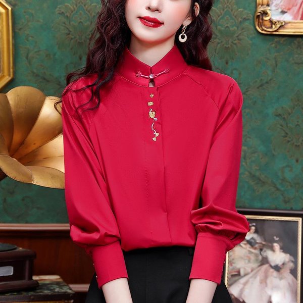 Nuevos Tops Rojos De Estilo Chino Para Mujer De Manga Larga Primavera Nuevo Estilo Chino Camisa Bordada Traje Tang Camisa Con Cuello Mao XL Rojo-image