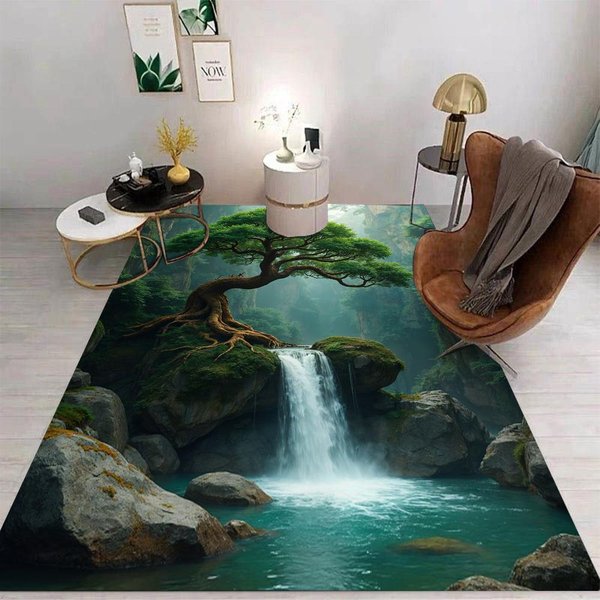 Naturalny Krajobraz Wodospad Las Dywanik Artystyczny 3D AntypośLizgowy MięKki Dywan Do Salonu Sypialni WystróJ Domu Dla MiłOśNikóW Natury 120X160CM-image
